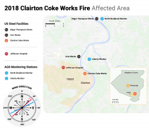 Map showing the areas affected by the 2018 Clairton Coke Works Fire