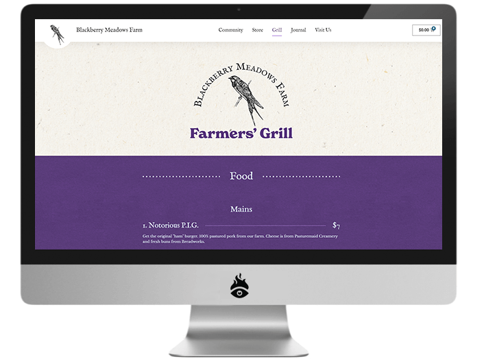 Screenshot of blackberrymeadows.com, showing the farm grill menu 